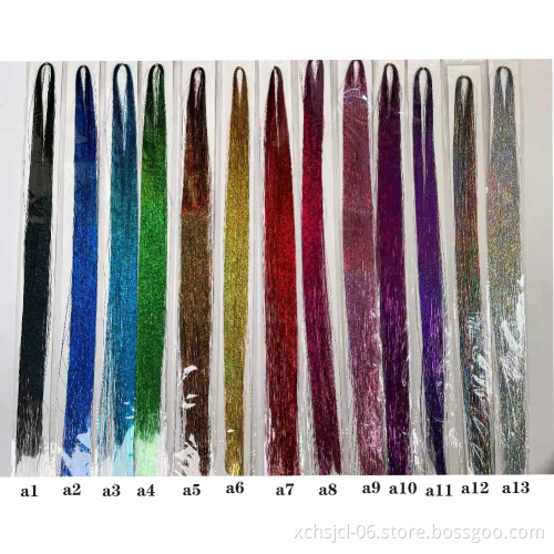 Wholesale100-200 Strands Silk Flash Shiny Hair Tinsel Party Highlights Glitter Super Bright Synthetic Hair Extension for gorl
